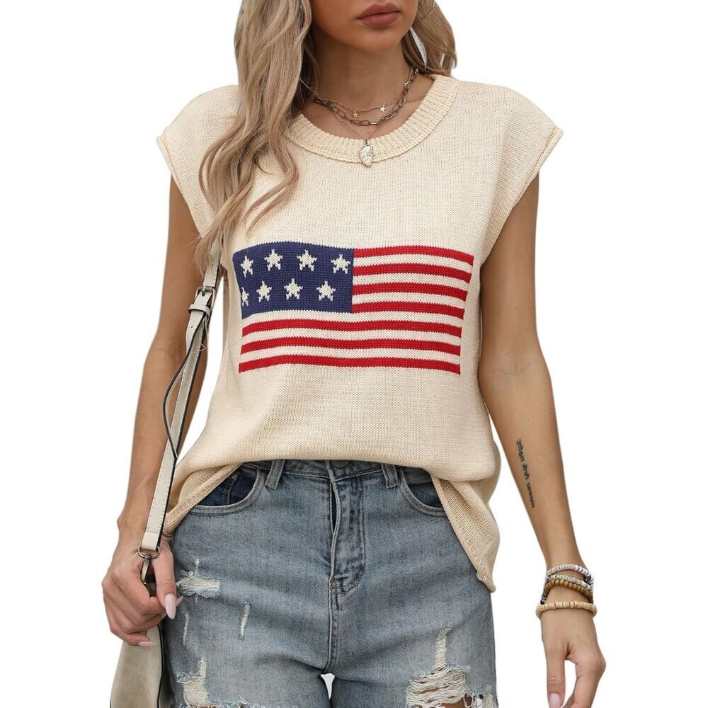 Women’s American Flag Knit Sweater Vest Cap Sleeve Crew Neck Casual Top